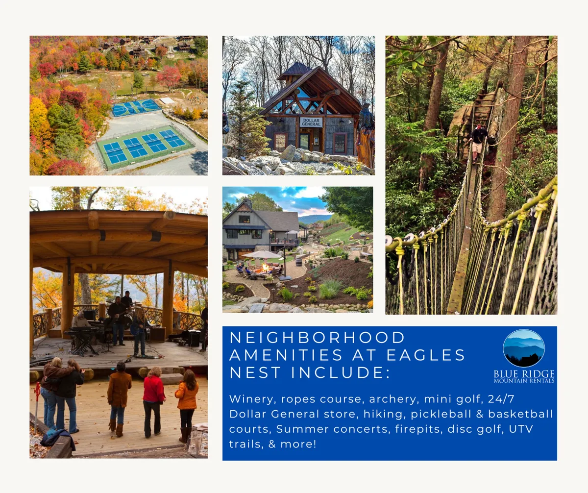 A lively outdoor scene at Eagles Nest featuring a ropes course with people climbing, an outdoor concert stage set against sunset-lit hills, basketball courts in use, and visible hiking trails winding through the landscape. There is also a wine tasting area and mini-golf visible, capturing a range of recreational activities.